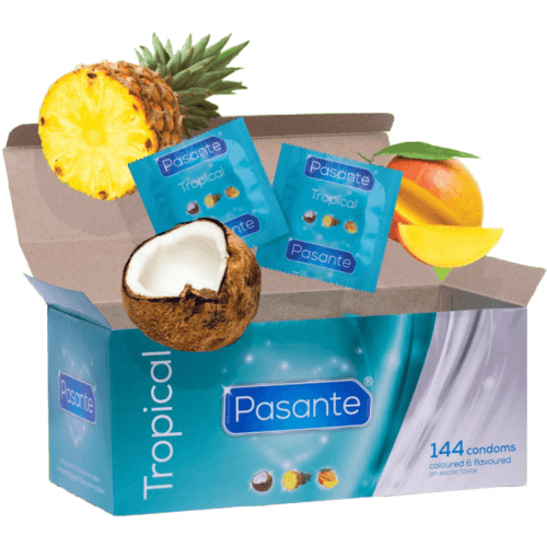 img_115415_3b7a98df755b75870e439401e5d80596_1.png PASANTE - PRESERVATIVOS SABORES TROPICAL 144 UNIDADES