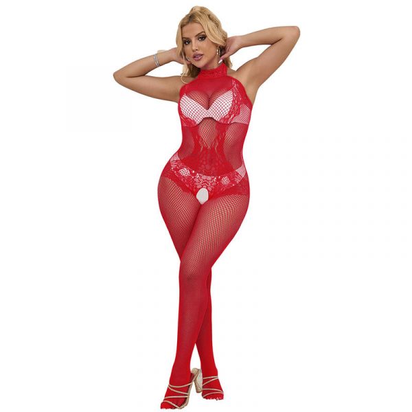 img_185231_10133fe6c7134513745519beb09415f6_1.jpg SUBBLIME - 952372 BODYSTOCKING CROTCHLESS DE REJILLA Y ENCAJE CON CUELLO ALTO ROJO TALLA ÚNICA