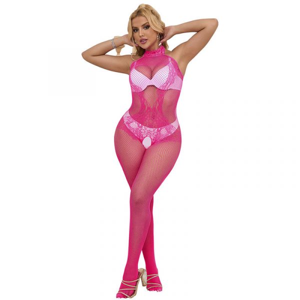 img_185247_68bb5f9a0309dbf830c2e7dbc3c6e18a_1.jpg SUBBLIME - 952389 BODYSTOCKING CROTCHLESS DE REJILLA Y ENCAJE CON CUELLO ALTO ROSA TALLA ÚNICA