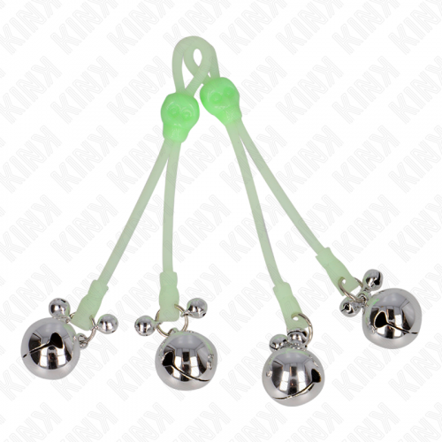 img_186758_66449d07f2f47c644f36f9c60f21fd54_1.png KINK - PINZAS PARA PEZONES LUMINOSAS FORMA CALABERA CON CASCABEL SONORO AJUSTABLE VERDE / PLATEADO