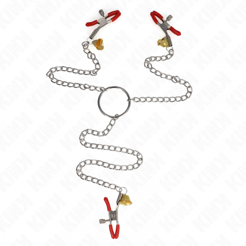 img_187339_a343950295e228ea9508d36ec7df39c1_1.png KINK - PINZAS PARA PEZONES Y CLÍTORIS ROJAS CON CASCABEL DORADO Y CADENA 30 CM