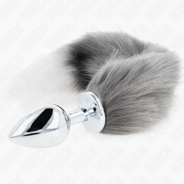 img_187786_ed560c2f7e216fbe62f2421a56959e93_1.png KINK - PLUG ANAL TALLA L 10 X 4 CM CON COLA SINTÉTICA 40 CM PLATEADO Y BLANCO