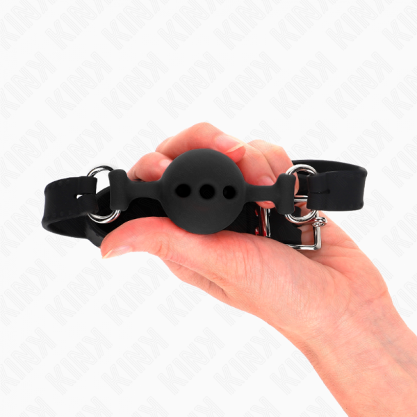 img_188921_37395c0a4ddb968cd75db93280d0f7db_1.png KINK - MORDAZA 55 x 2 CM DE BOLA 4 CM DE SILICONA COMPLETA TALLA S NEGRO AJUSTABLE 35-51 CM