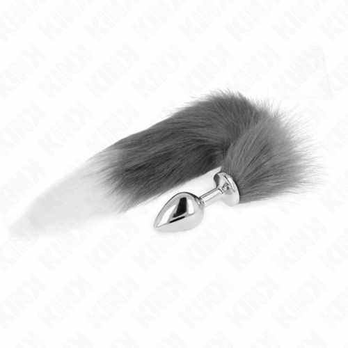 img_189069_0bcac974bf49918bfddffccde2ea16a2_1.png KINK - PLUG ANAL TALLA M 8 X 3.5 CM CON COLA SINTÉTICA 40 CM PLATEADO Y BLANCO