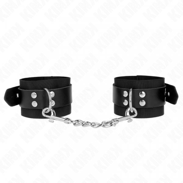 img_189267_794b8b3f79aaa72a523a4faaf62cfbc8_1.png KINK - MUÑEQUERAS DE NYLON NEGRO CON CORREA CUERO NEGRO AJUSTABLE 19-29 CM X 5.1 CM