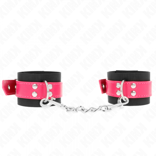 img_189271_acfc7e22c63a937e19597d39f9e3e75a_1.png KINK - MUÑEQUERAS DE NYLON NEGRO CON CORREA POLIPIEL FUSCIA AJUSTABLE 19-29 CM X 5.1 CM