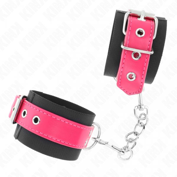 img_189273_3cfb04fdd5363e031c4fcd9085a9bef7_1.png KINK - MUÑEQUERAS DE NYLON NEGRO CON CORREA POLIPIEL FUSCIA AJUSTABLE 19-29 CM X 5.1 CM