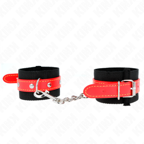 img_189276_c8a49426e7732e352483304a5f616ff4_1.png KINK - MUÑEQUERAS DE NYLON NEGRO CON CORREA POLIPIEL ROJO AJUSTABLE 19-24 CM X 5.5 CM