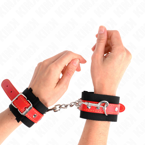 img_189278_84b8fb7e86db4fda111cb02c66f67b42_1.png KINK - MUÑEQUERAS DE NYLON NEGRO CON CORREA POLIPIEL ROJO AJUSTABLE 19-24 CM X 5.5 CM