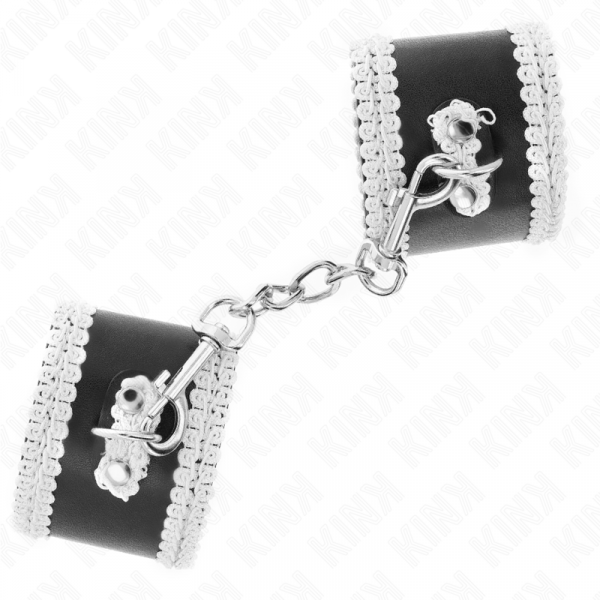 img_189440_26516a975724736b3c96bb727cee0cf3_1.png KINK - MUÑEQUERAS NEGRO CON ENCAJE DECORATIVO BLANCO AJUSTABLE 20-23 CM X 5.5 CM