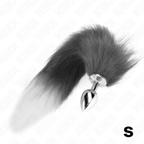 img_190210_c84c961b6a344325390442a1de26db0a_1.png KINK - PLUG ANAL TALLA S 7 X 3 CM CON COLA SINTÉTICA 40 CM PLATEADO Y BLANCO