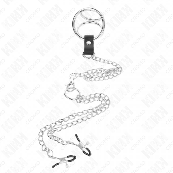 img_193461_ea07cf4b3f7f8d5fdf8098ac50cea442_1.png KINK - ANILLO PENE TRIPLE METAL CROMADO 3 CM A 4.5 CM CON CADENA METAL 26 CM Y PINZAS PARA PEZONES