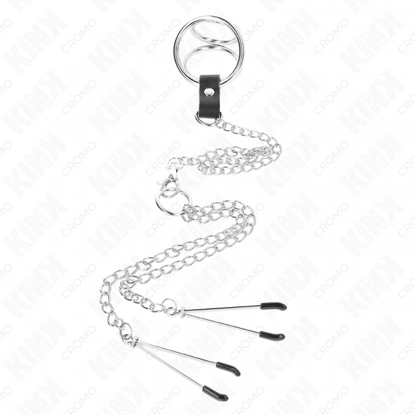 img_193466_18da5036c761cd833e82ddba7ec99d21_1.png KINK - ANILLO PENE TRIPLE METAL CROMADO 3.8 CM A 5 CM CADENA METAL 26 CM Y PINZAS PARA PEZONES MODELO 2