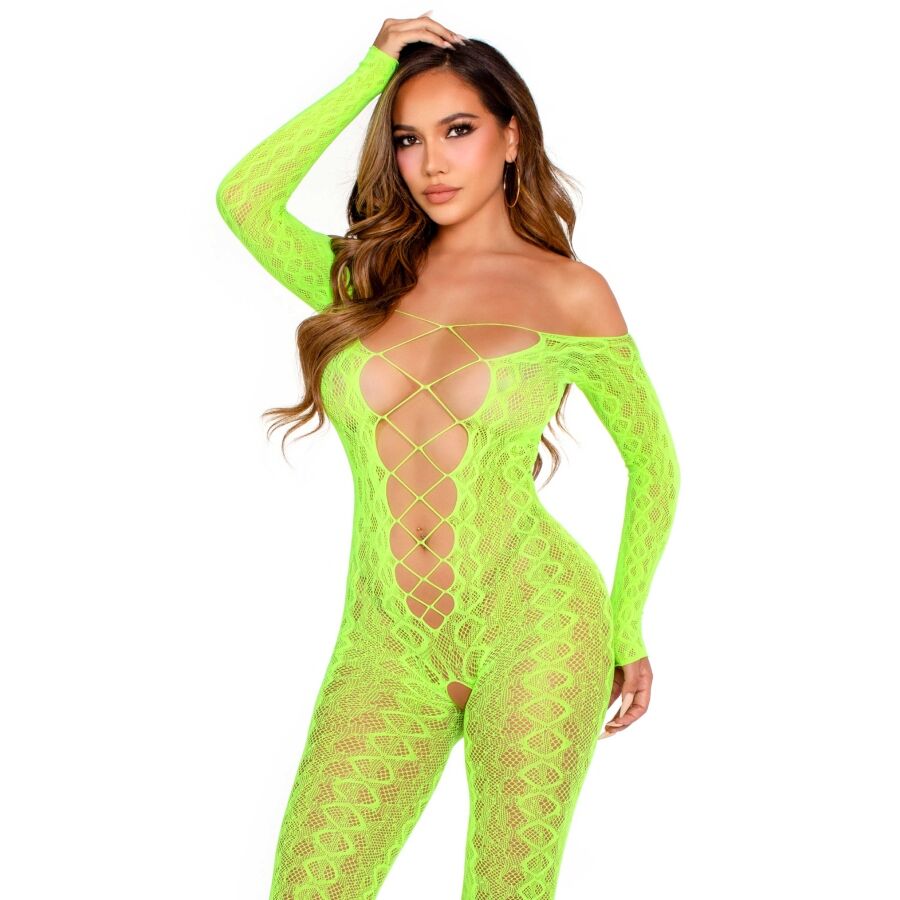 img_205334_d4b492ef14a2cf4b7f0e7b6d49a08120_1.jpg LEG AVENUE - BODYSTOCKING SIN ENTREPIERNA DE ENCAJE DE SERPIENTE EXÓTICA VERDE NEÓN