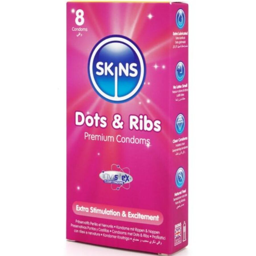 SKINS - DOTS  RIBS PRESERVATIVOS PREMIUM PACK 8