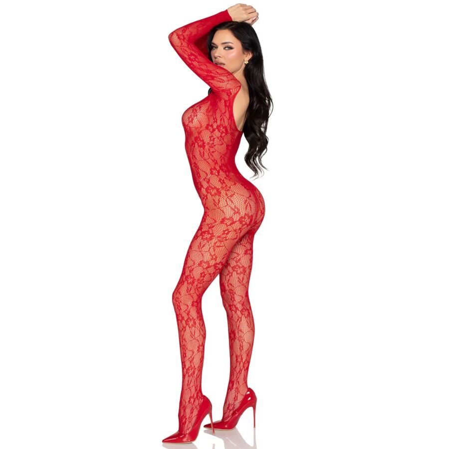 LEG AVENUE - 89366 BODYSTOCKING DE LENCERÍA DE ENCAJE ROJO - TALLA ÚNICA
