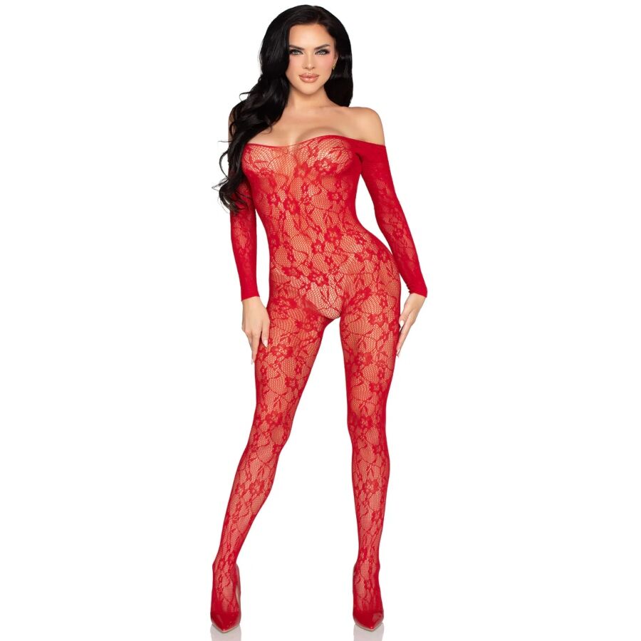 LEG AVENUE - 89366 BODYSTOCKING DE LENCERÍA DE ENCAJE ROJO - TALLA ÚNICA