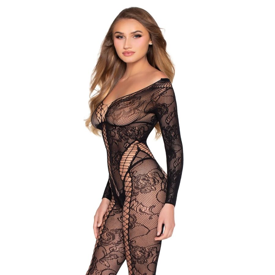 LEG AVENUE - 89369 NET  LACE JUMPSUIT BLACK - ONE SIZE
