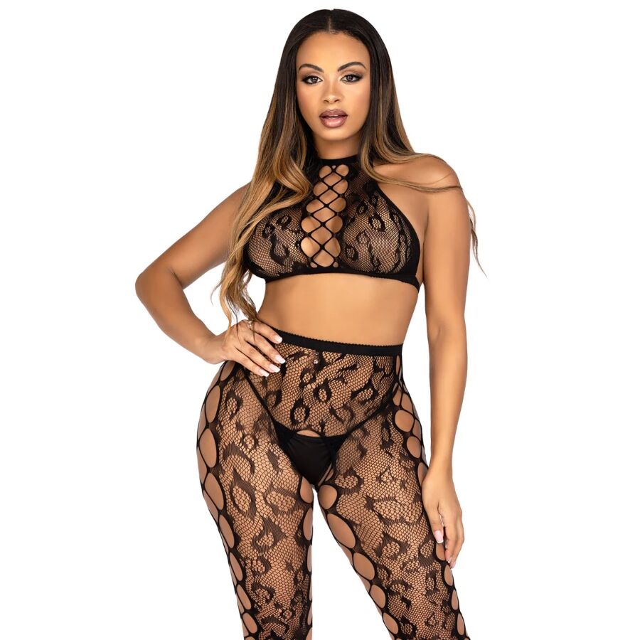 LEG AVENUE - 89372 CROP TOP  CROTCHLESS TIGHTS BLACK - ONE SIZE