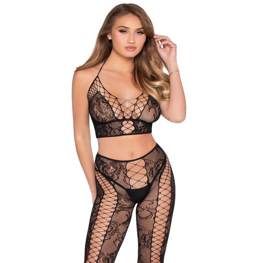 LEG AVENUE - 89368 NET  LACE CROP TOP AND TIGHTS BLACK - ONE SIZE