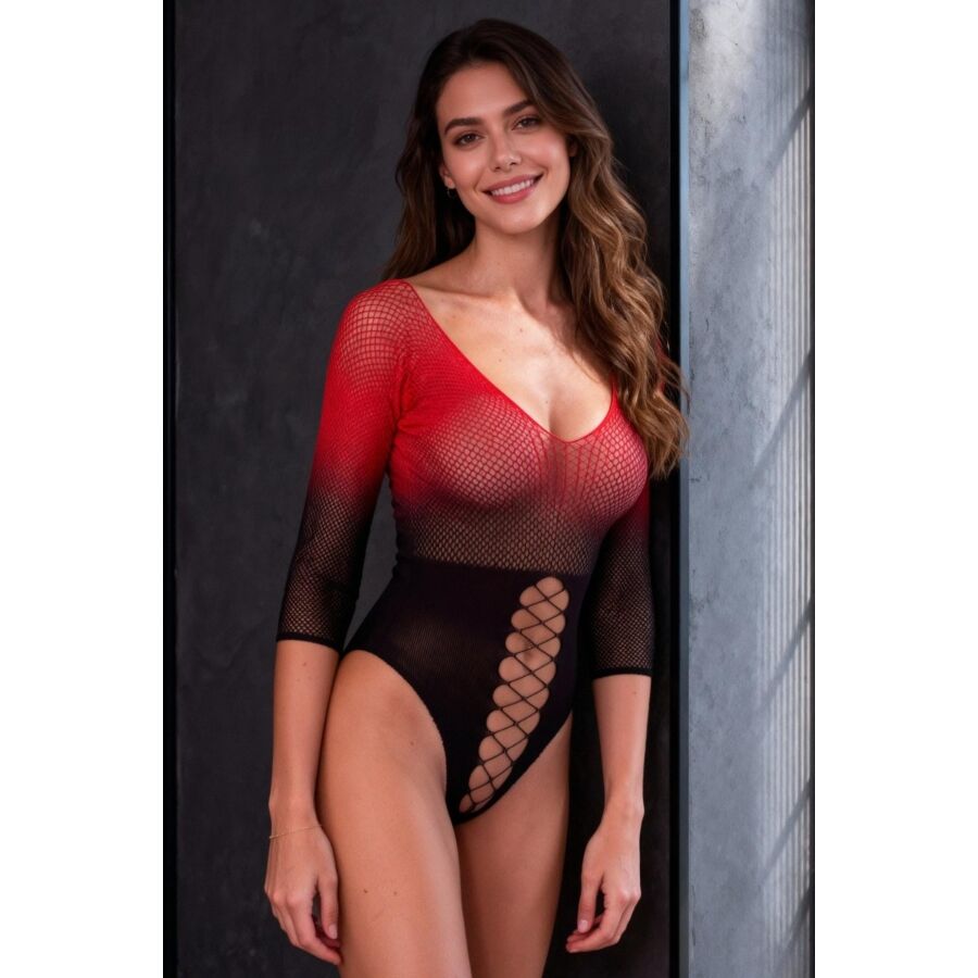PASSION - BS118 BLACK AND RED MESH BODYSTOCKING