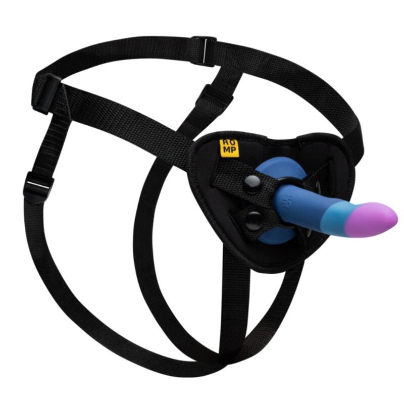 img_225243_25f0a128cea4e9676b7bb887c2b246ba_1.jpg ROMP - PICCOLO HARNESS + SILICONE DILDO WITH TRICOLOR SUCTION CUP 14 CM