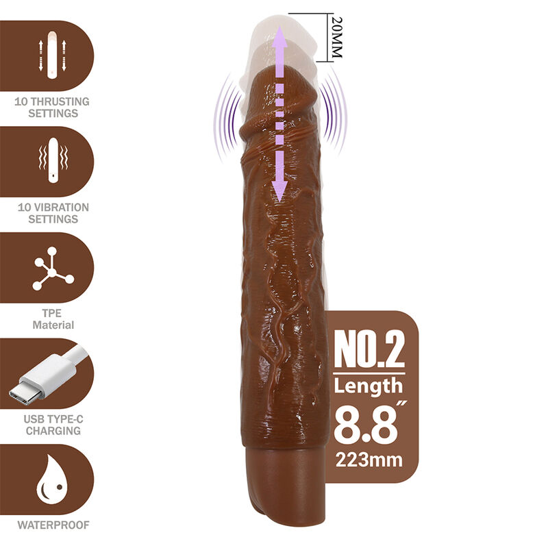 PRETTY LOVE - KESSLER REALISTIC VIBRATING DILDO WITH 10 VIBRATION MODES AND 10 THROWS, 22 CM, BROWN